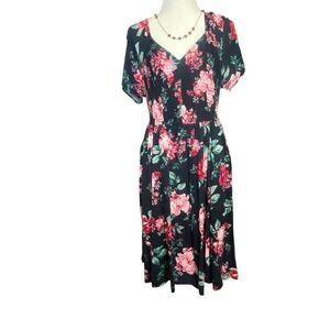 Torrid Midi Skater Dress 1X Dark Floral Smocked Top Short Sleeve Boho Whimsigoth